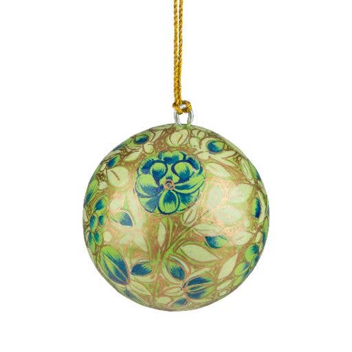 A80668:Hand painted papier mache ball orn, green floral 3