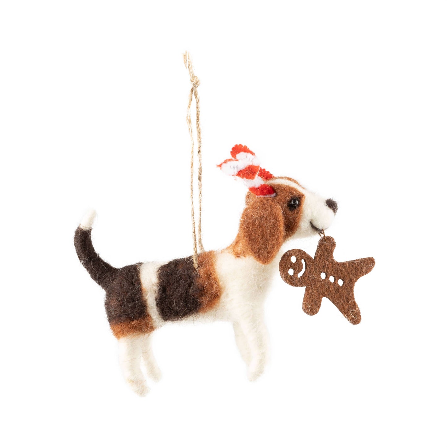 A12776:Felt beagle orn candy cane antlers,gbread 4.75 in