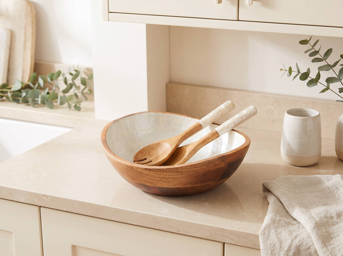 Wooden Serving Bowl and Servers with Pearl Enamel
