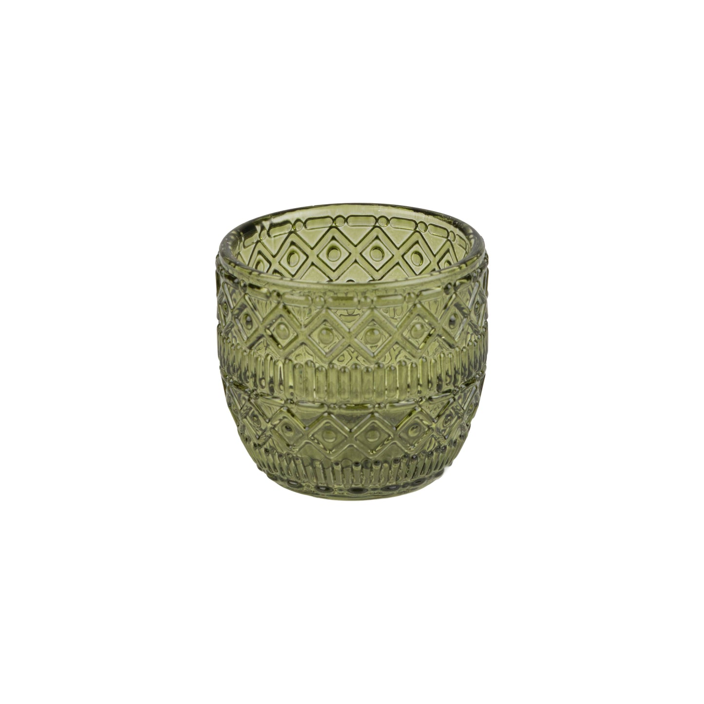 A00261:Green molded glass tlight holder, scandi ptn 2.5in