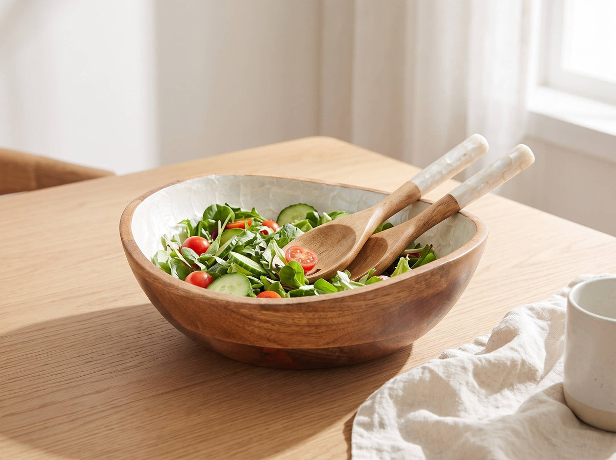 Wooden Serving Bowl and Servers with Pearl Enamel