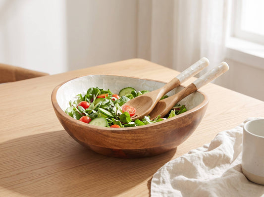 Wooden Serving Bowl and Servers with Pearl Enamel