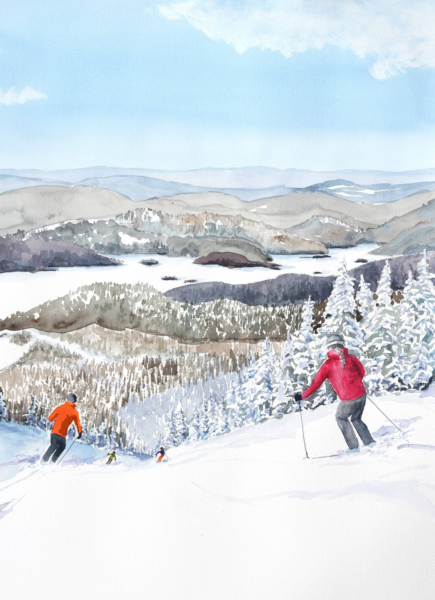 Two skiers on a snowy slope with mountains and trees in the background