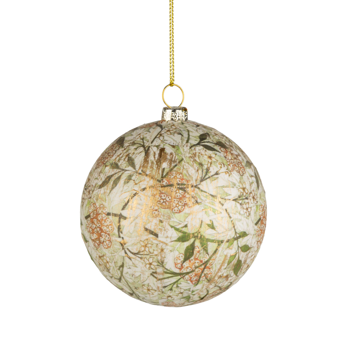 A25019:Paper/plastic ball orn,grn/pnk floral lt gold 3 in