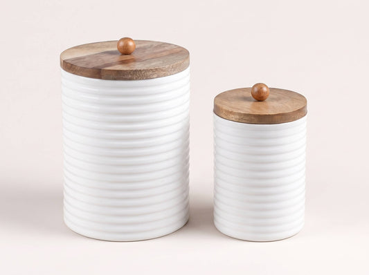 Mango Wood Tall Canister Set of 2 with White Lid
