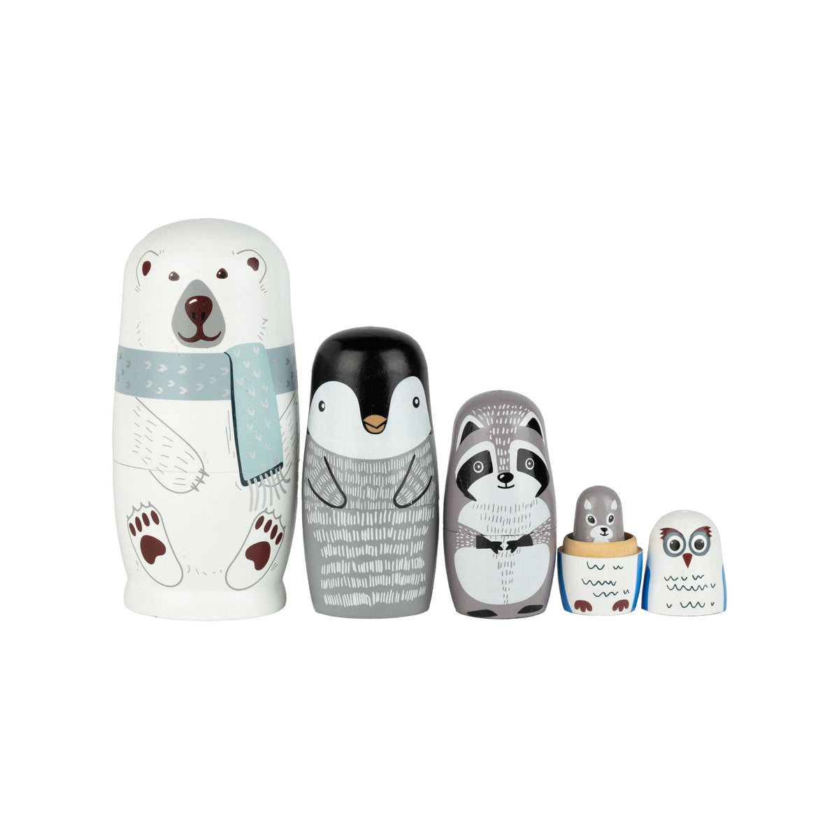 A10078:Set of 5 print wood north animal dolls 5.5~1.25in