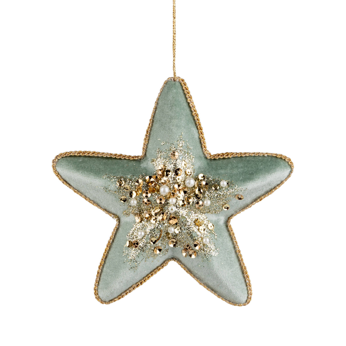 A37357:Green velvet star orn gold beaded center 4 in