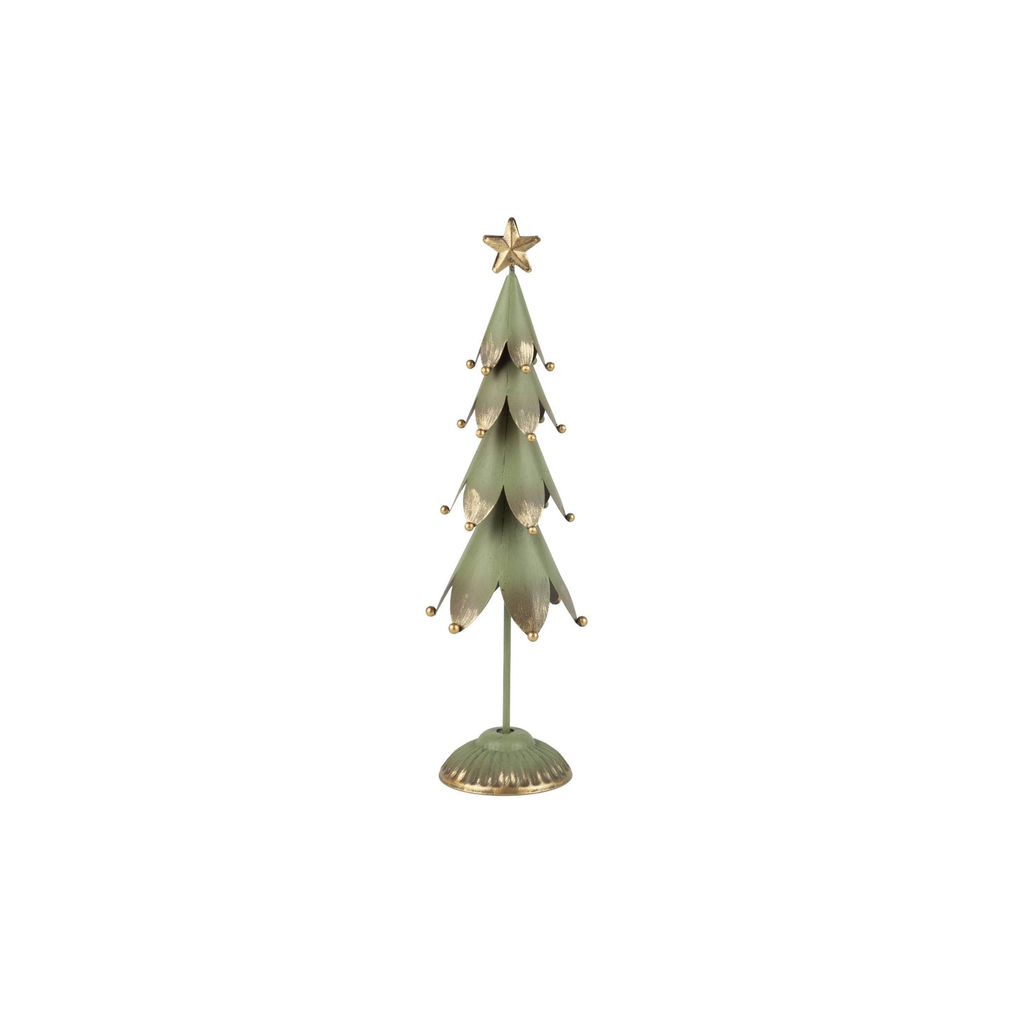 A42156:Painted metal tiered tree table piece,green/gold 1