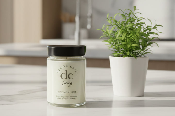 Candles and decorative items on a shelf with a focus on a white candle labeled 'DP'.