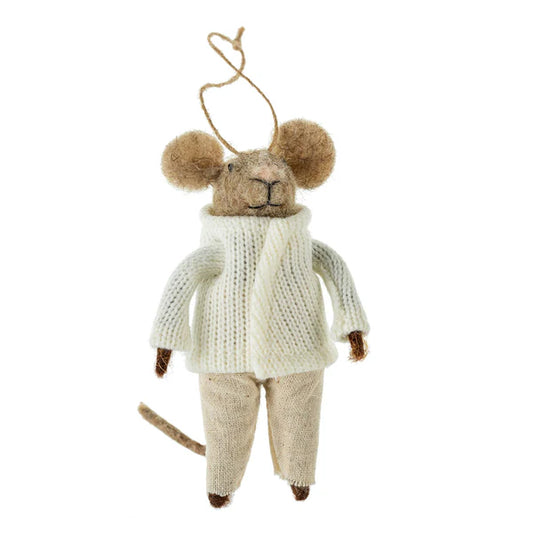 A felt ornament in the shape of a mouse wearing a sweater and pants, with a wire tail.