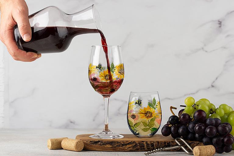 Sunflower And Bees Wine Glass