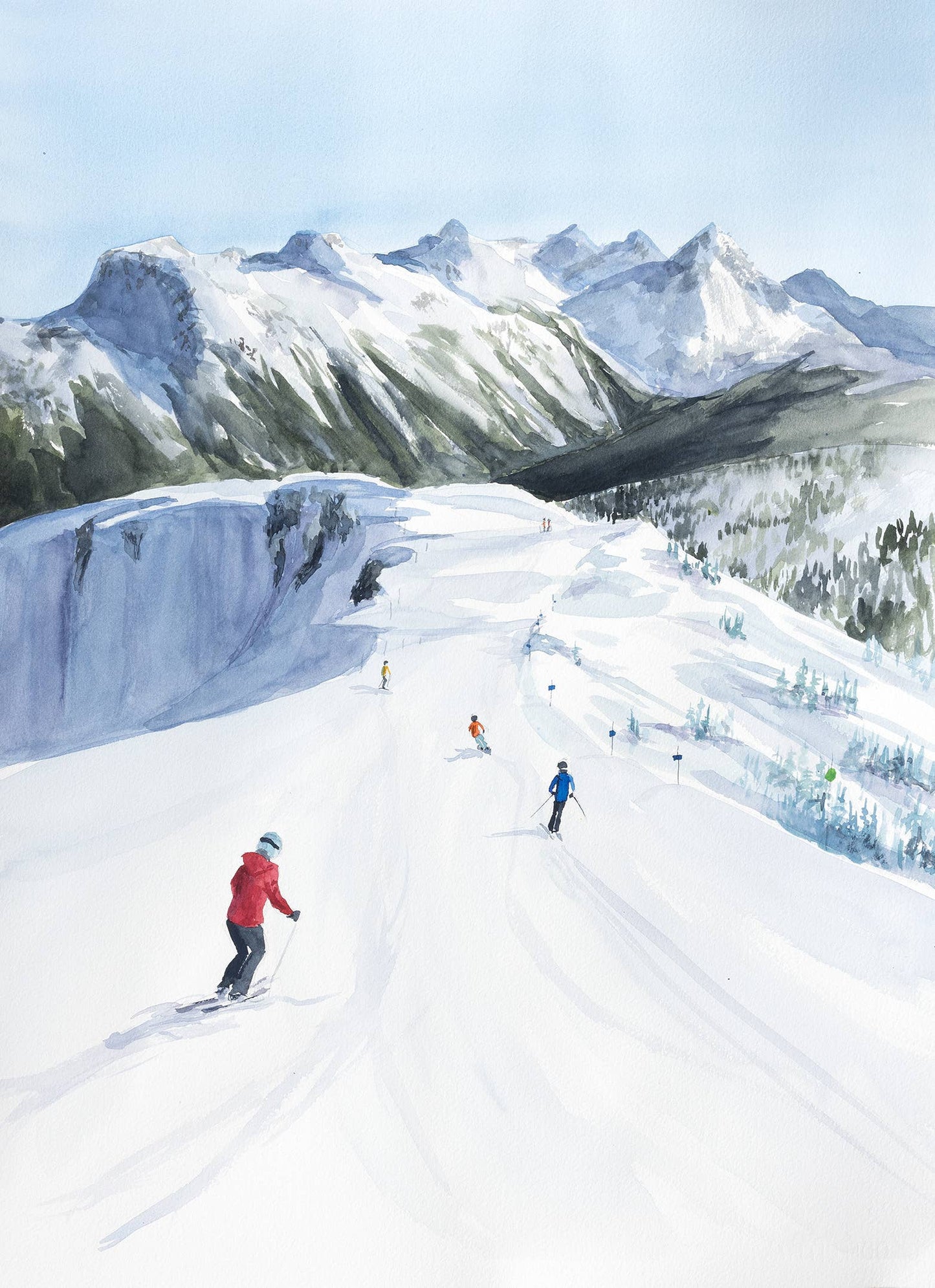 Skiing down a snowy mountain with skiers and snowboarders, surrounded by snow-covered peaks.