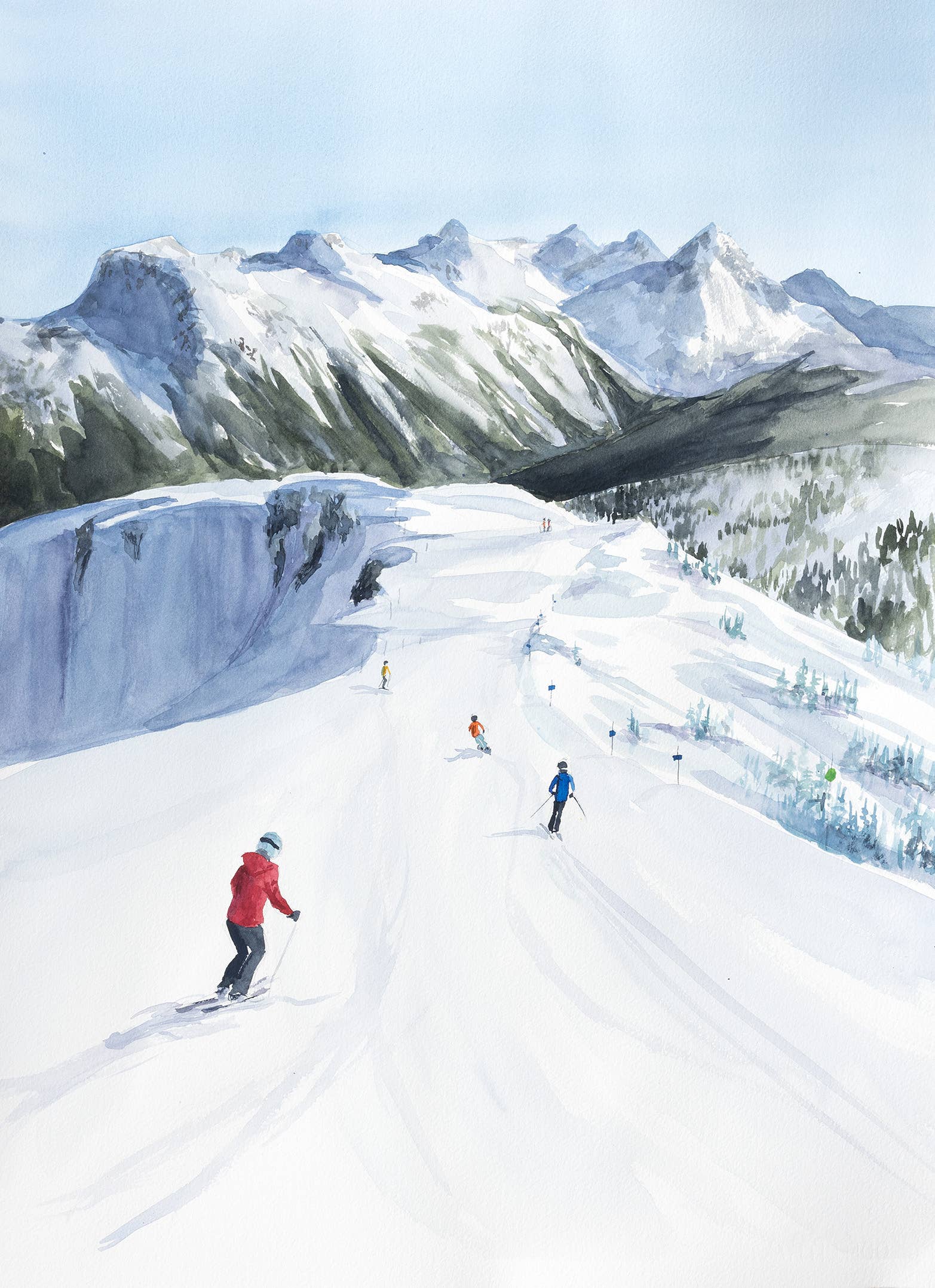 Skiing down a snowy mountain with skiers and snowboarders, surrounded by snow-covered peaks.