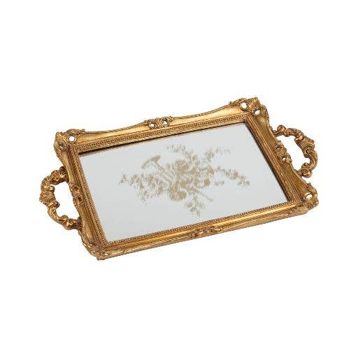 A76184:Ant gold resin rect tray w/ handles,mirror,12.25in
