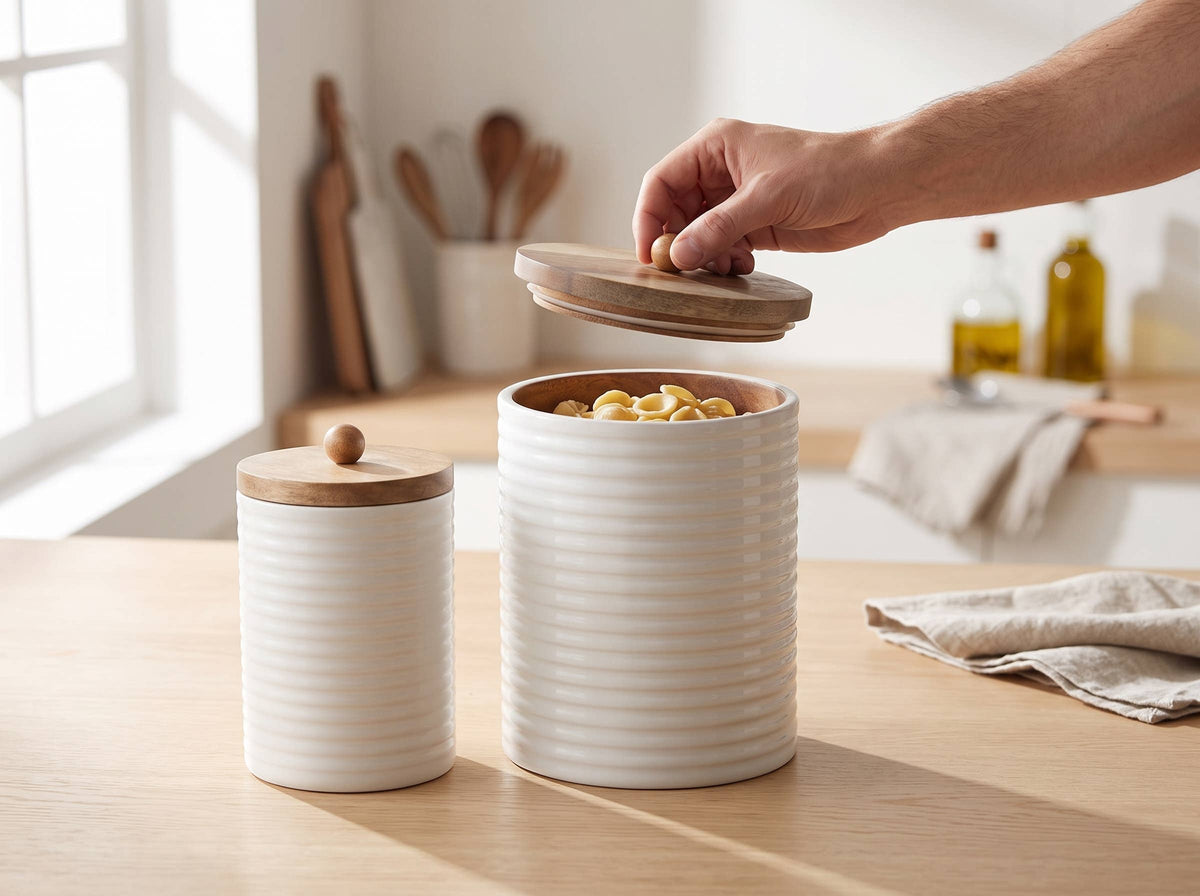 Mango Wood Tall Canister Set of 2 with White Lid