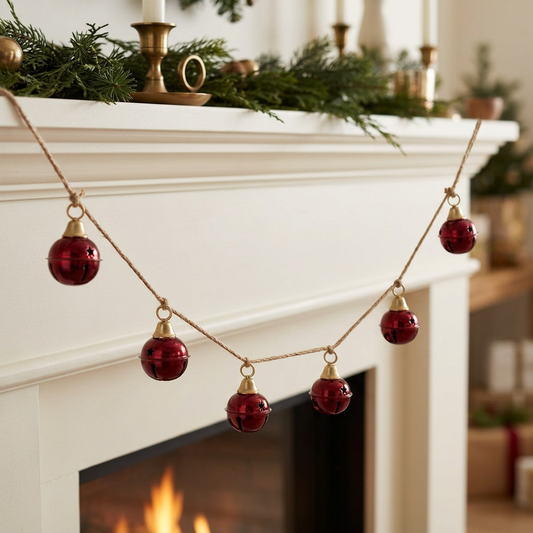 Burgundy Bells Garland styled across an ivory Christmas mantel