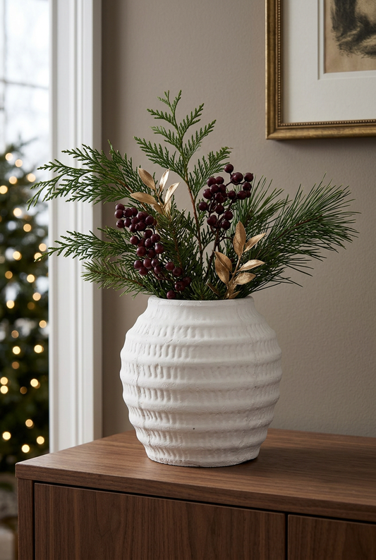 Celeste White Ceramic Vase styled with Christmas greenery on a walnut sideboard