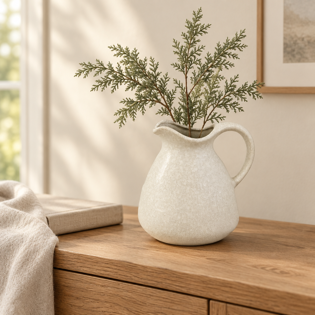 Cream Elodie jug vase styled with cedar stems on a warm oak console