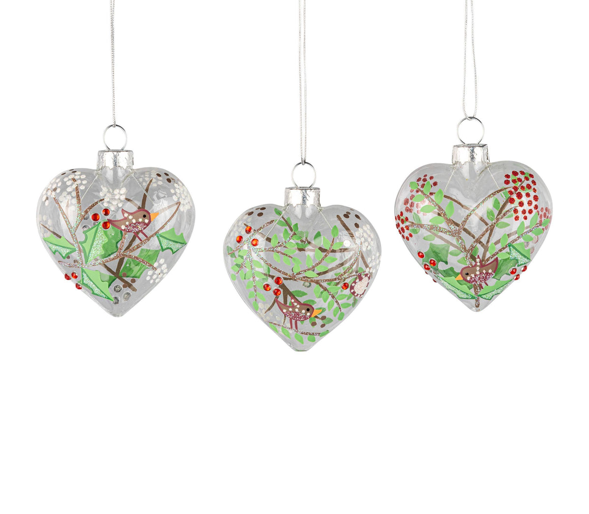 G74250:3 Asst'd clear glass heart orns w/ scandi bird pri