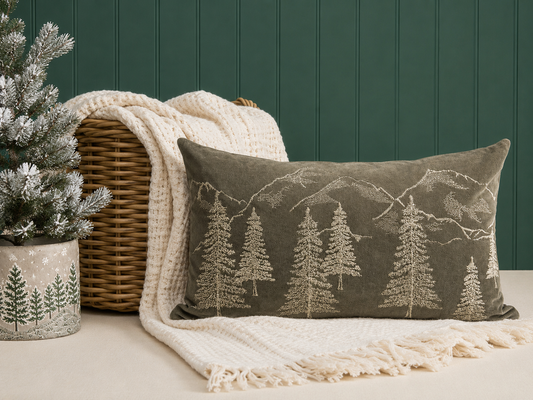 Evergreen Forest rectangular decorative pillow styled with a cream knit throw, wicker basket and frosted tabletop tree