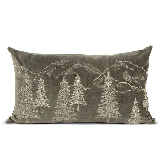 Evergreen Forest rectangular decorative pillow with embroidered evergreen trees and mountain scene on an olive green background