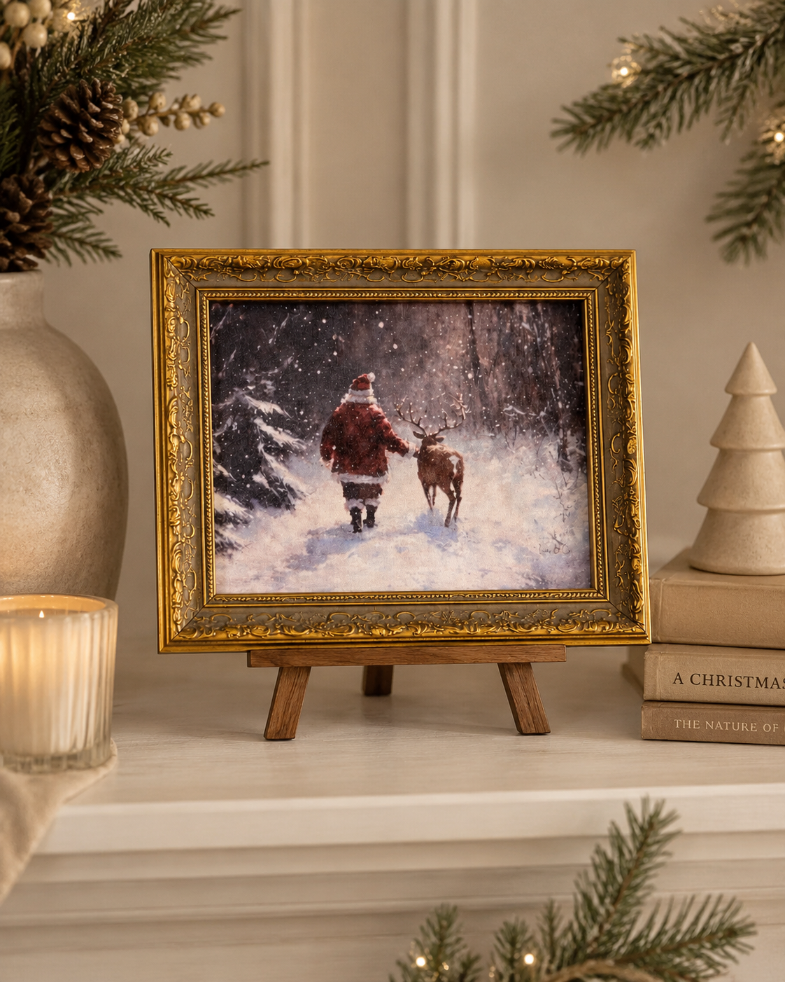 Wandering Saint Nicholas framed art styled on a small easel with evergreen branches, candle and neutral Christmas decor