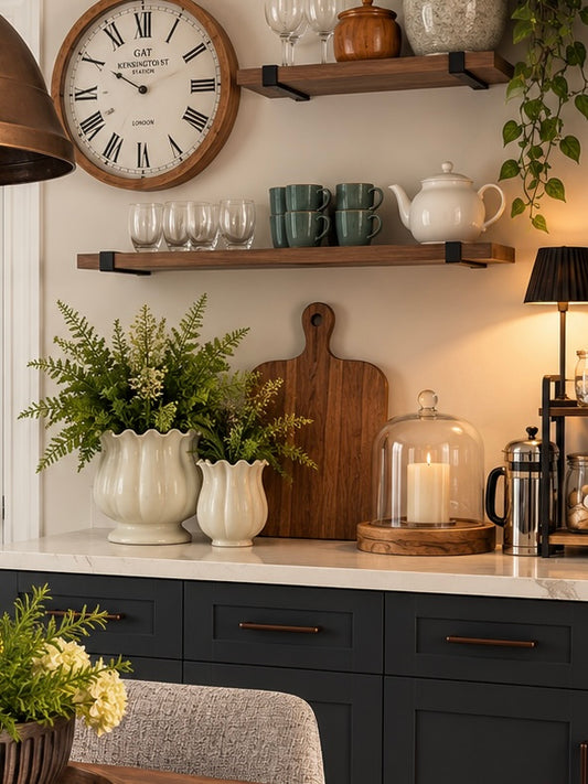 A styled kitchen counter scene with dark navy cabinets, a white marble countertop, wooden floating shelves, a round wall clock, glassware, mugs, a white teapot, green plants in cream vases, a wooden cutting board, a glass cloche with a candle, and a black lamp.