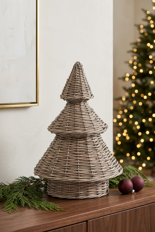 Everett woven Christmas tree styled on a walnut sideboard with festive accents