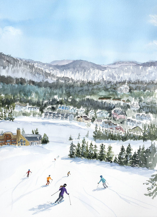 Ski resort with skiers on a snowy slope, surrounded by mountains and buildings.