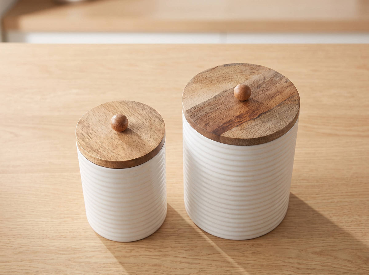 Mango Wood Tall Canister Set of 2 with White Lid
