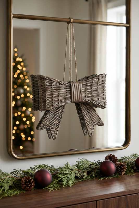 Faye willow bow displayed against a brass-framed mirror in an elegant Christmas foyer