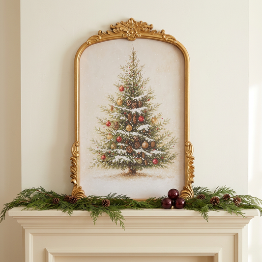 Framed Christmas tree artwork styled on a mantel with holiday greenery
