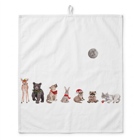 Maison Lorrain Tea Towel - Christmas Baby Animals & Moon - Designed in Canada