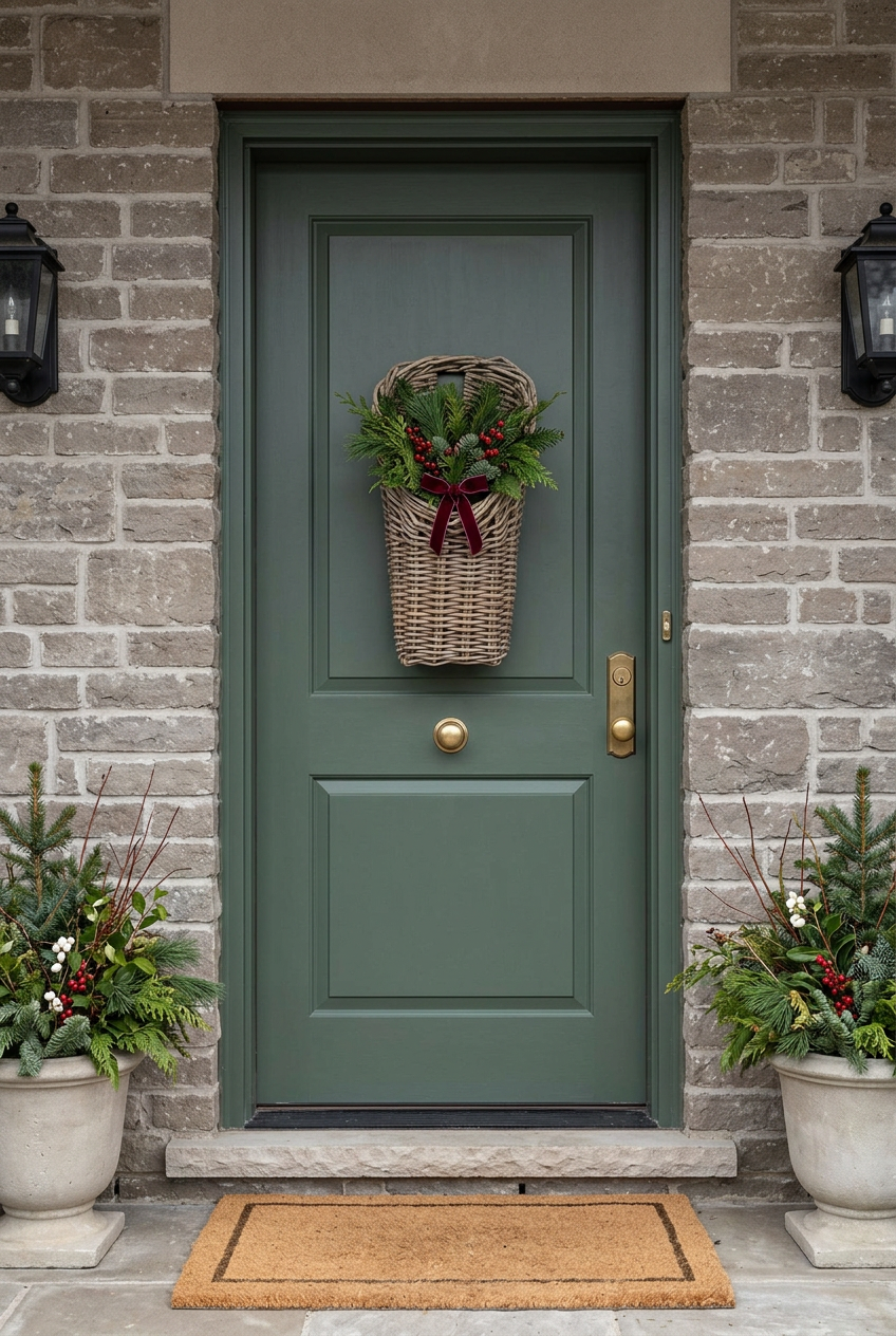 Upscale Christmas front porch with Kubu Tall Wall Basket on a green front door