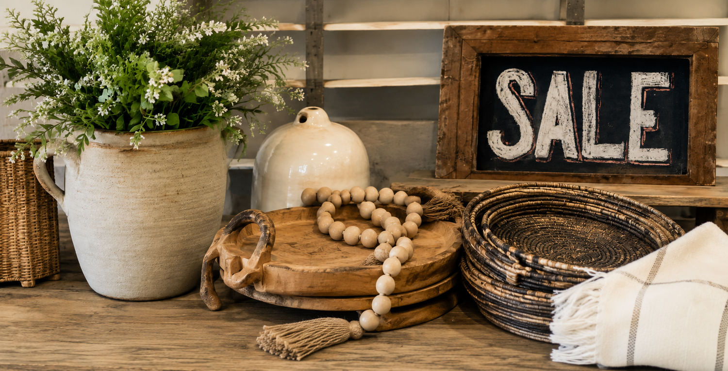 Sale home decor display with baskets, wood trays, greenery and decorative accents at DecorChic Living in Belleville.