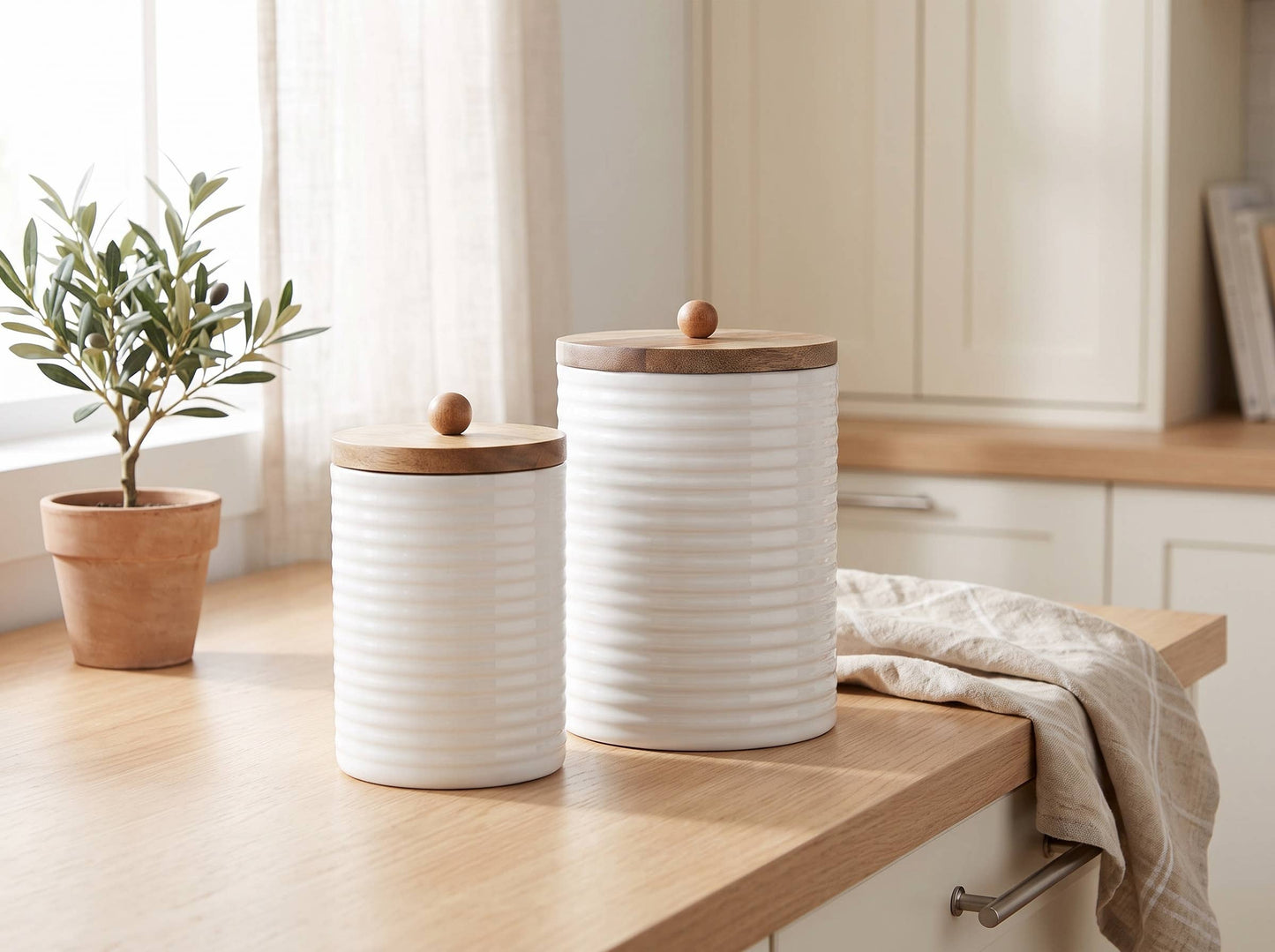 Mango Wood Tall Canister Set of 2 with White Lid