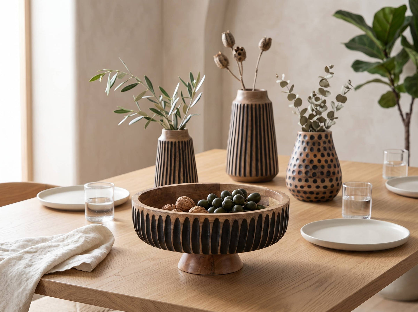 Large Wooden Flat Bowl with Black Lines