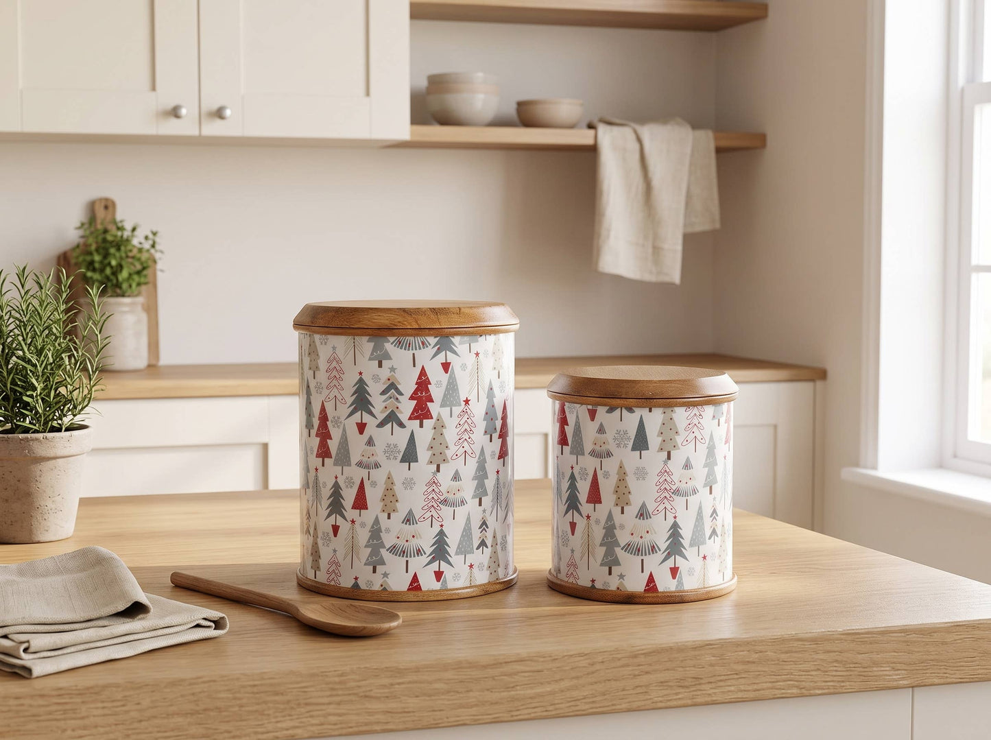 Mango Wood Christmas Canister Set of 2 with Enamel
