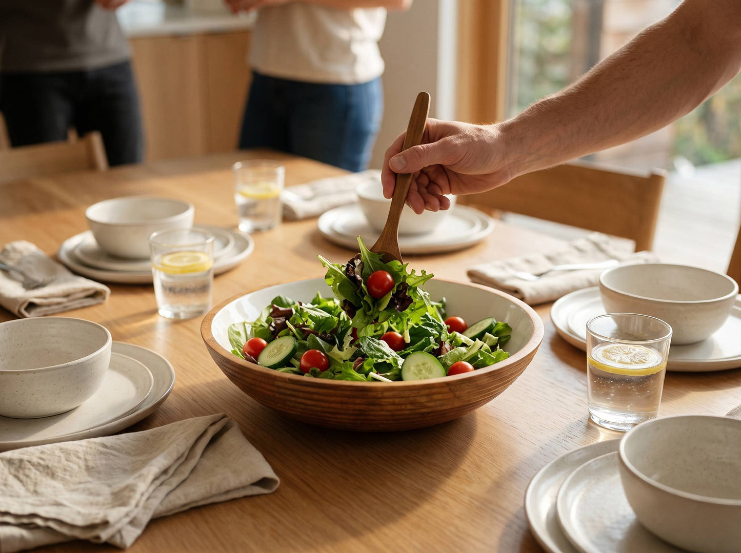 Large Wooden Salad Bowl with White Enamel