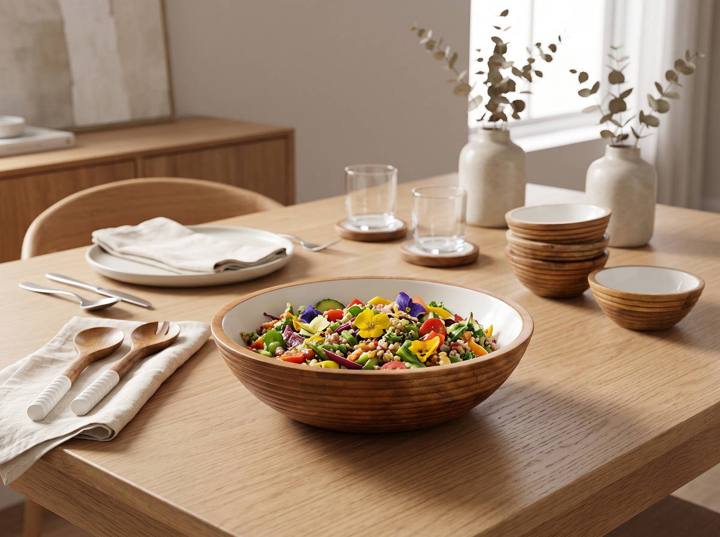 Large Wooden Salad Bowl with White Enamel