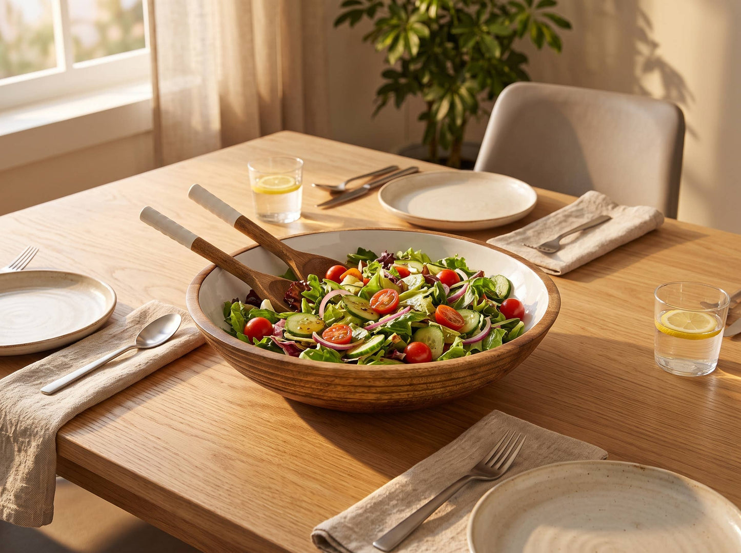Large Wooden Salad Bowl with White Enamel
