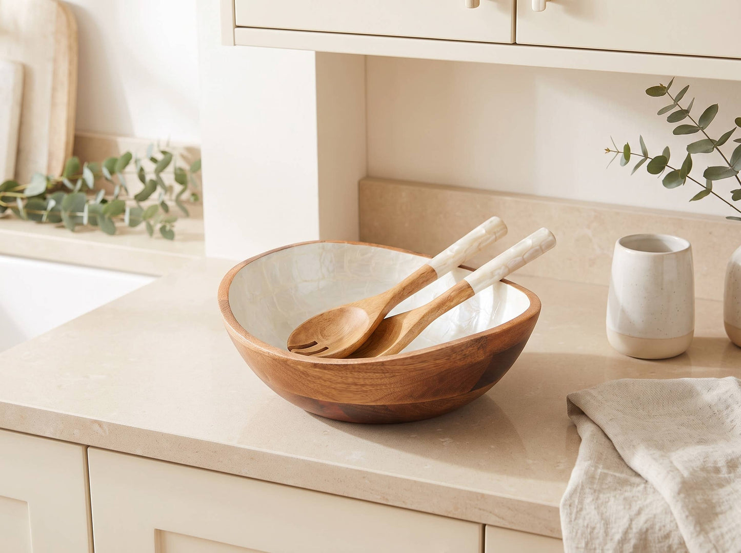 Wooden Serving Bowl and Servers with Pearl Enamel