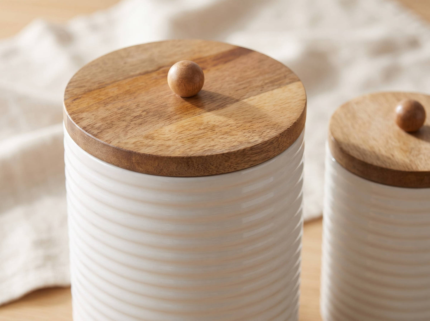 Mango Wood Tall Canister Set of 2 with White Lid