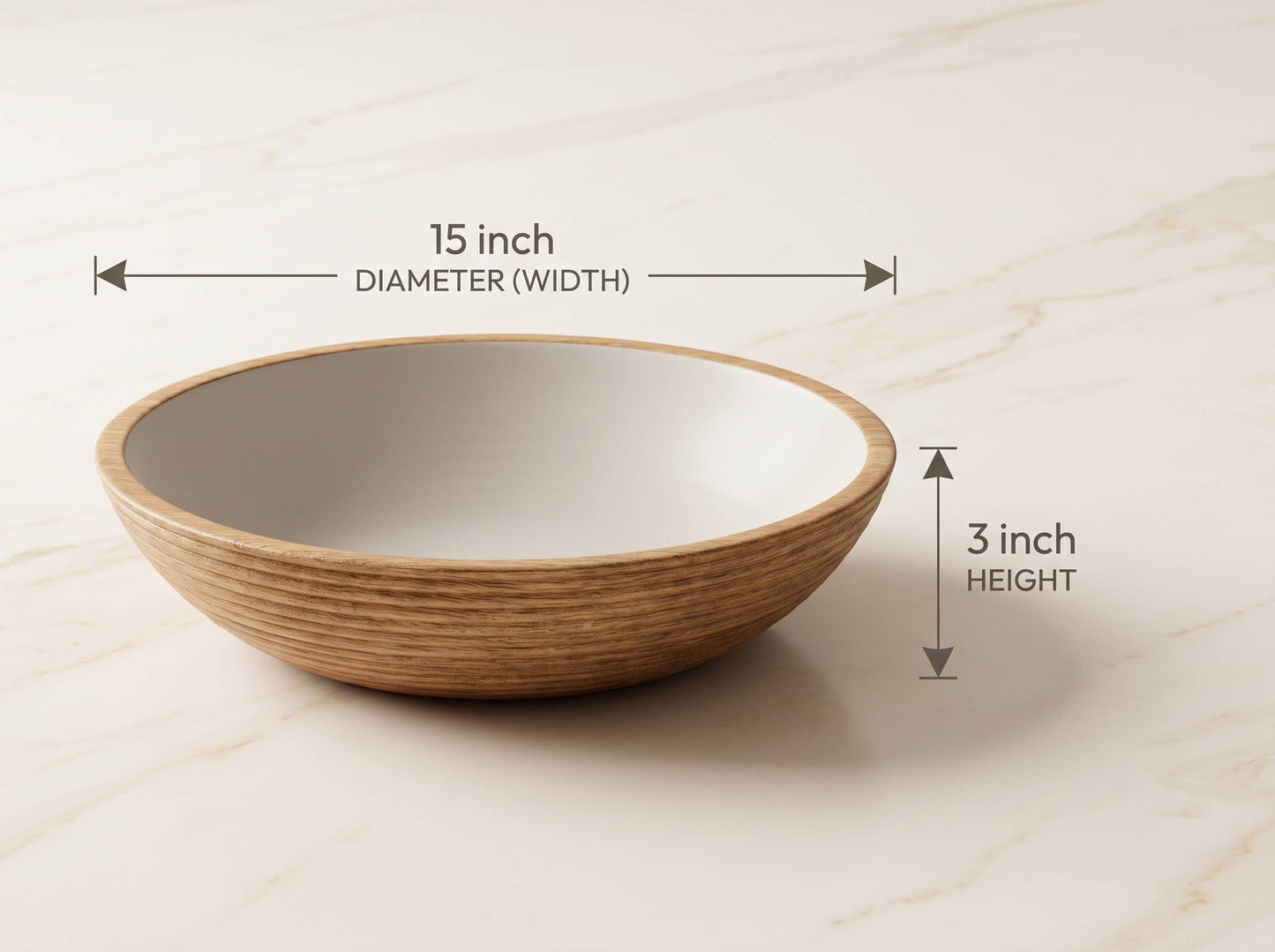 Large Wooden Salad Bowl with White Enamel