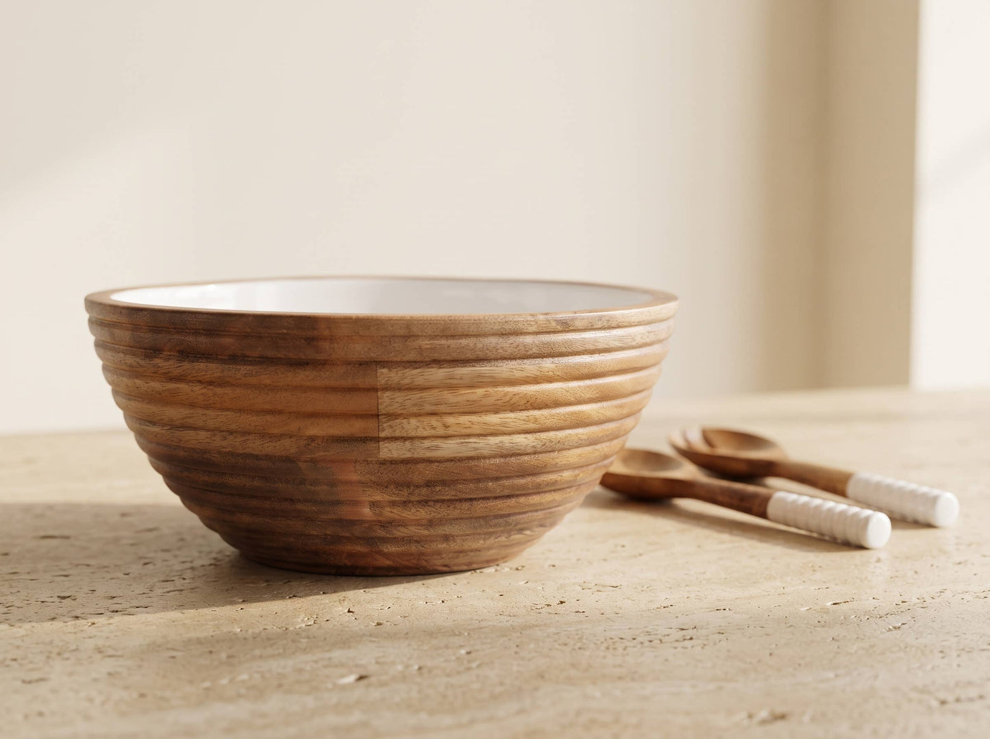 Salad Bowl and Servers with White Enamel