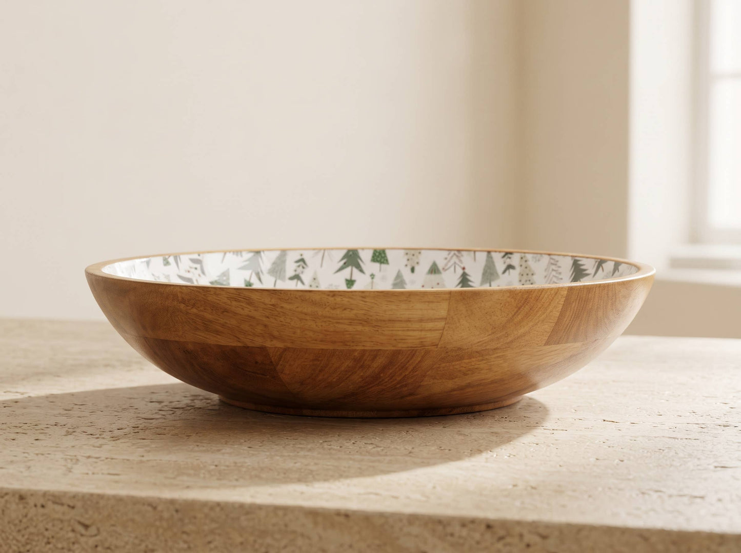 Large Wooden Serving Bowl with Holiday Enamel