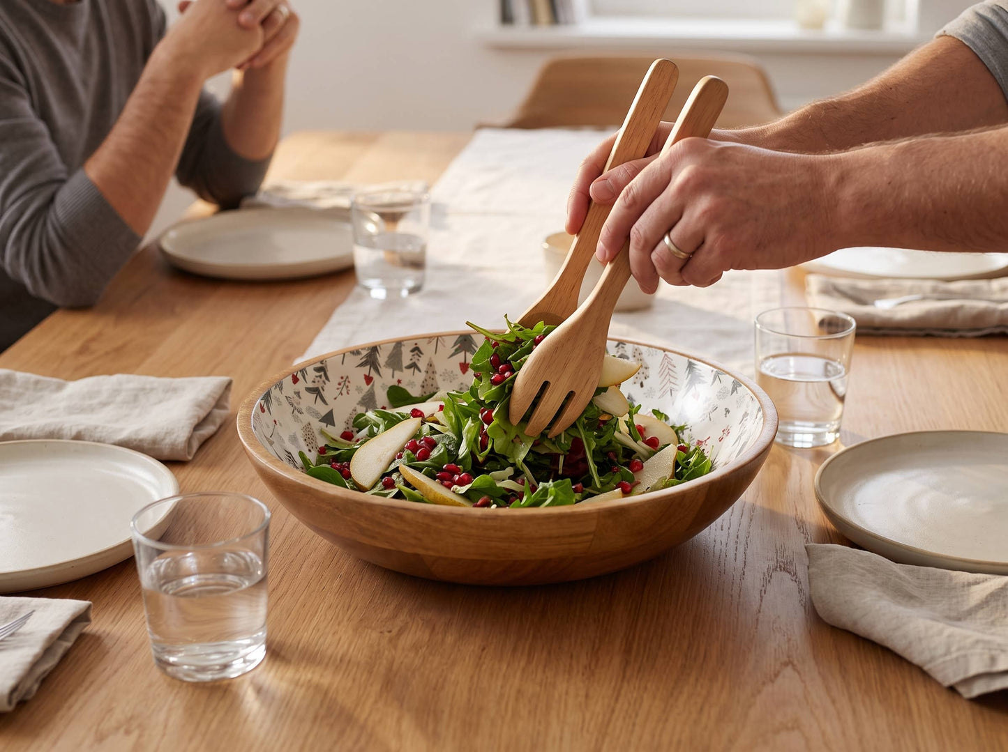 Large Wooden Serving Bowl with Holiday Enamel