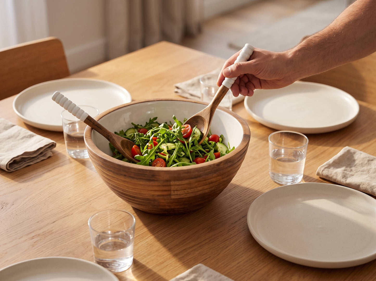 Salad Bowl and Servers with White Enamel