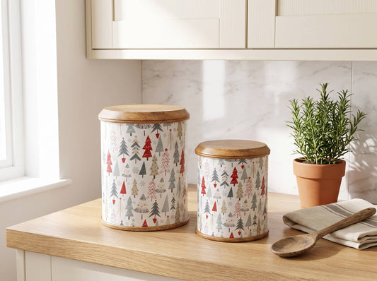 Mango Wood Christmas Canister Set of 2 with Enamel