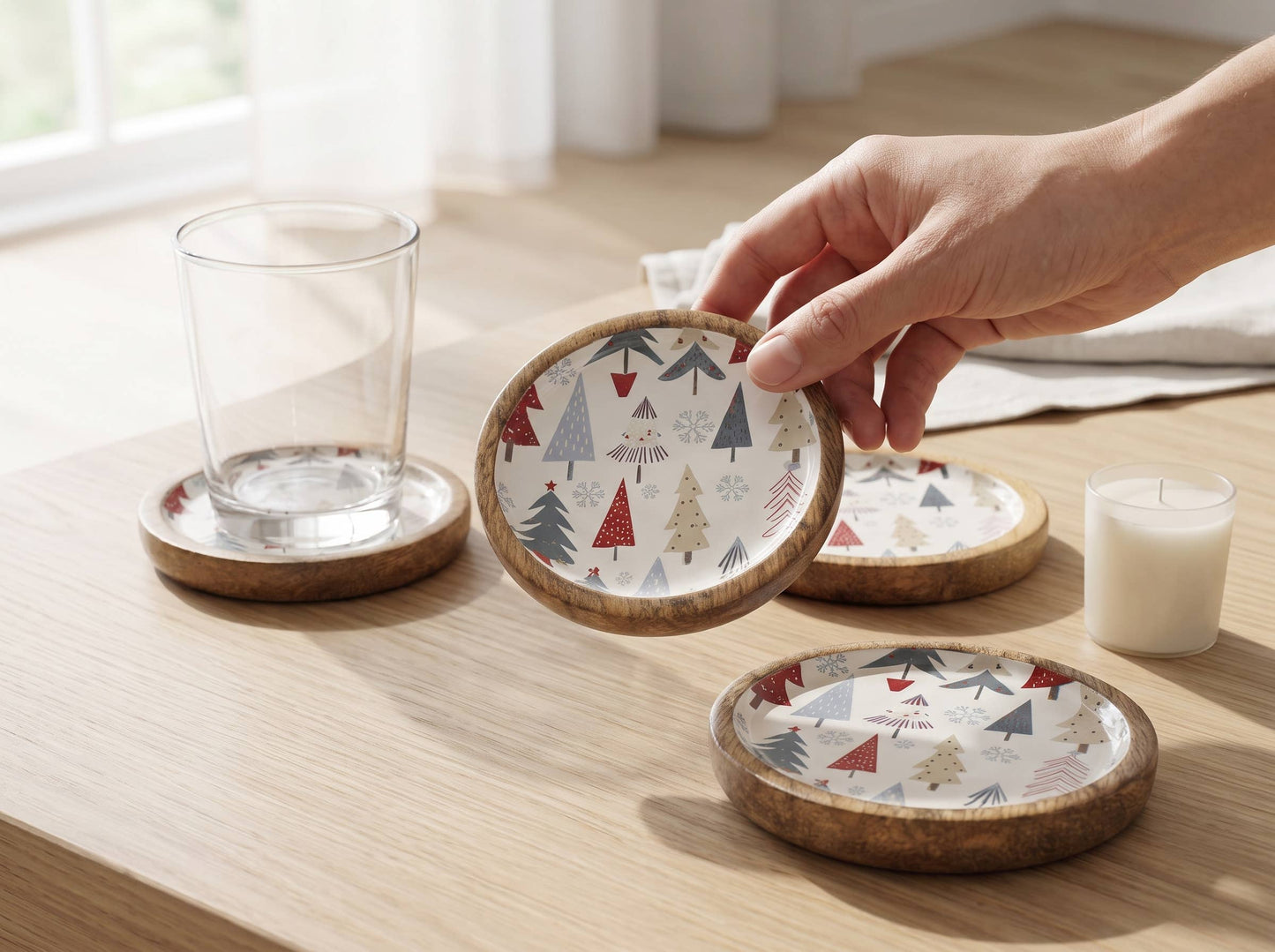 Mango Wood Christmas Coasters Set of 4 with Enamel